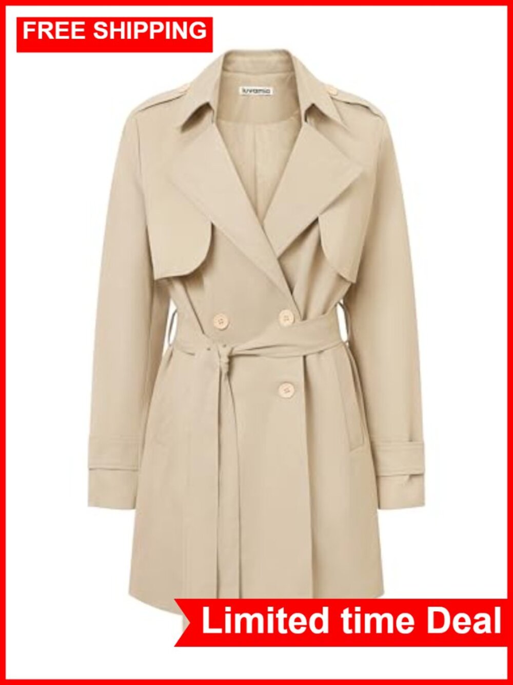 Women's Trench Coat Mid Length Double Breasted Lapel Belted